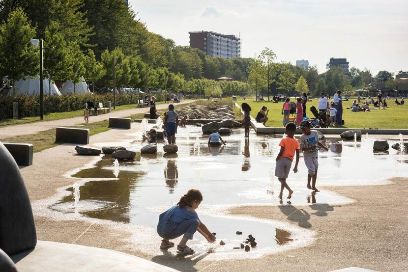 Diverse kinderen spelen in een stadspark